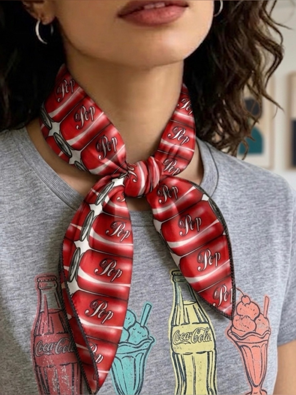 NWT 100% Satin Rock N Karma Red Pop Can Print Scarf